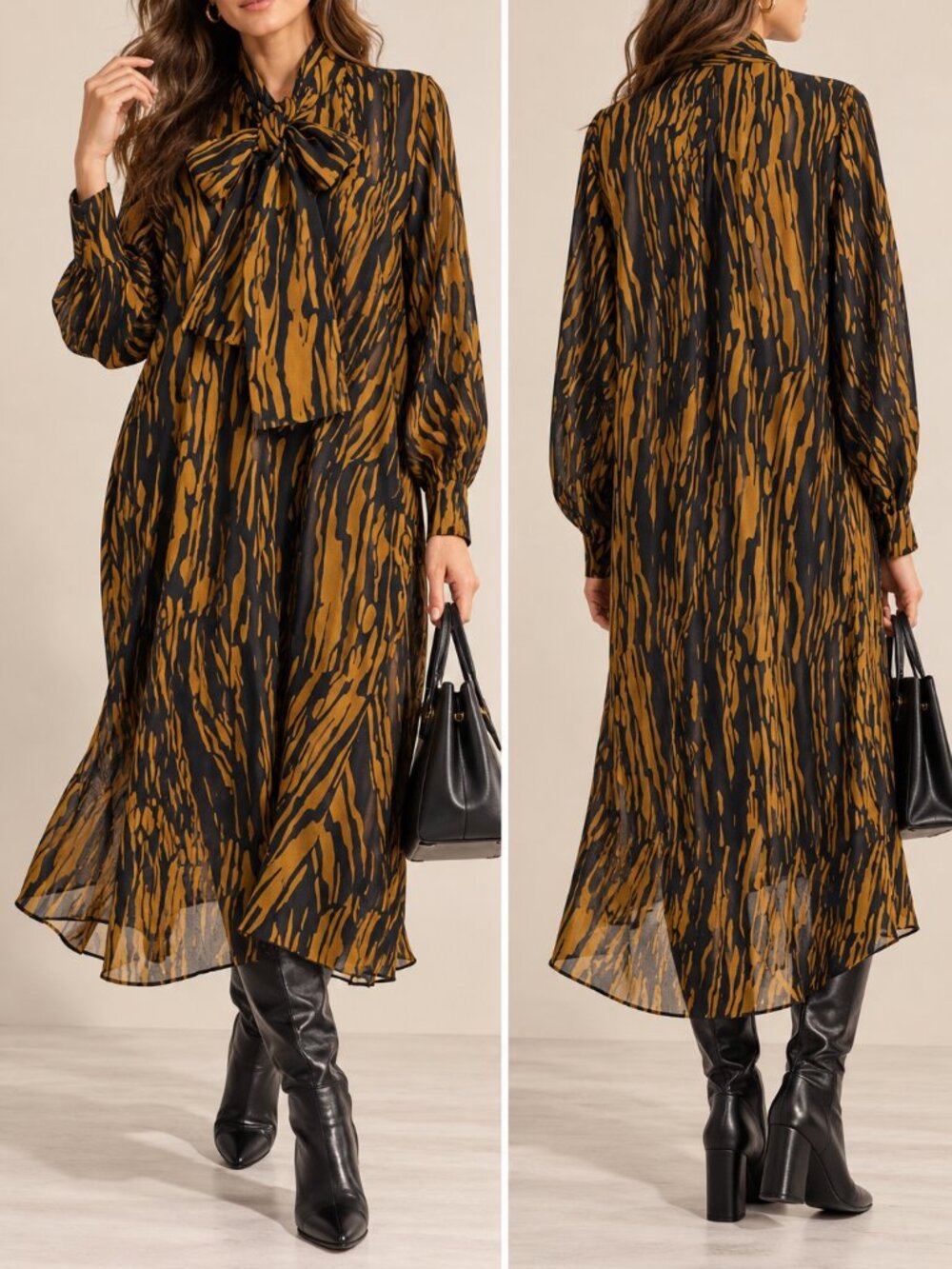 COS Black Mustard Animal Print Tie Neck Oversized Midi Dress Size 4